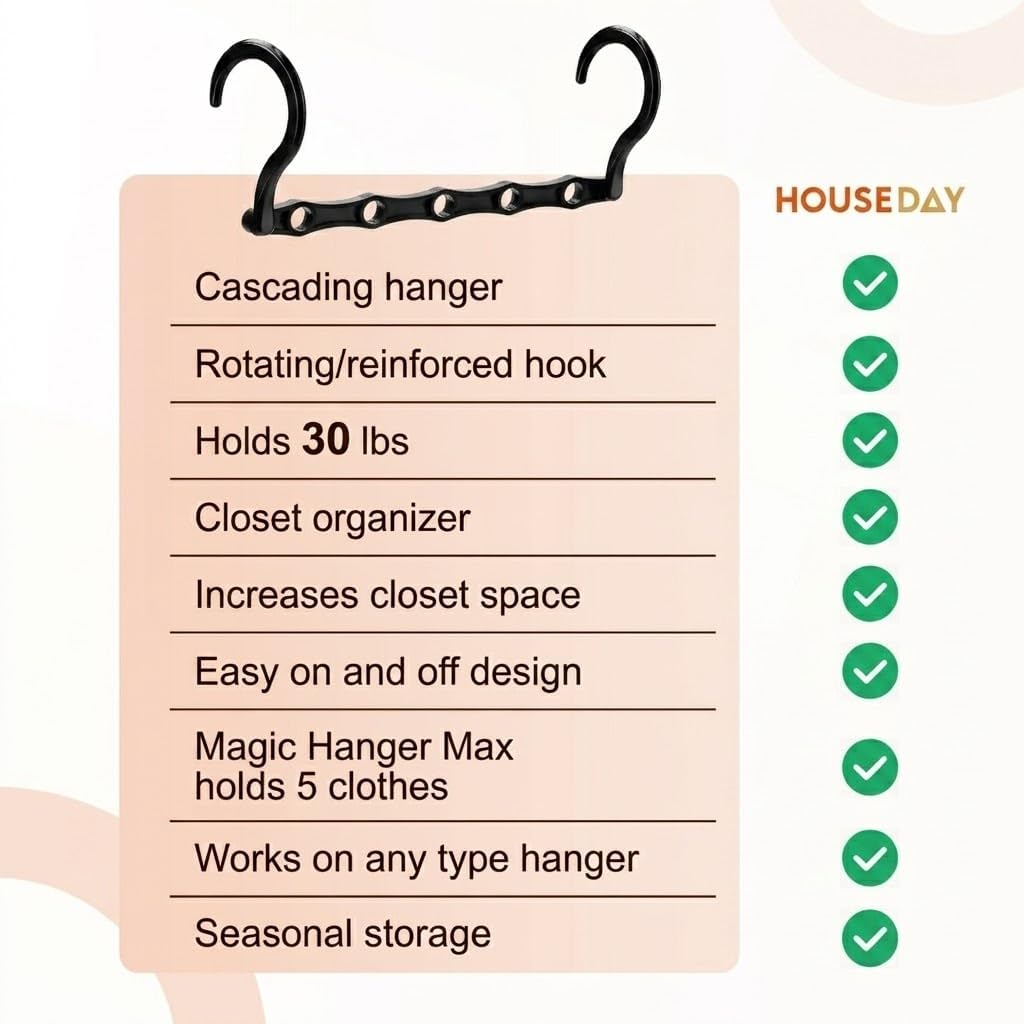 HOUSE DAY 10 Pack Space Saving Hangers. Black. Premium Smart Hanger | Closet Organizers and Storage. Sturdy Cascading Hangers with 5 Holes for Heavy Clothes. College Dorm Room Essentials - Image 6