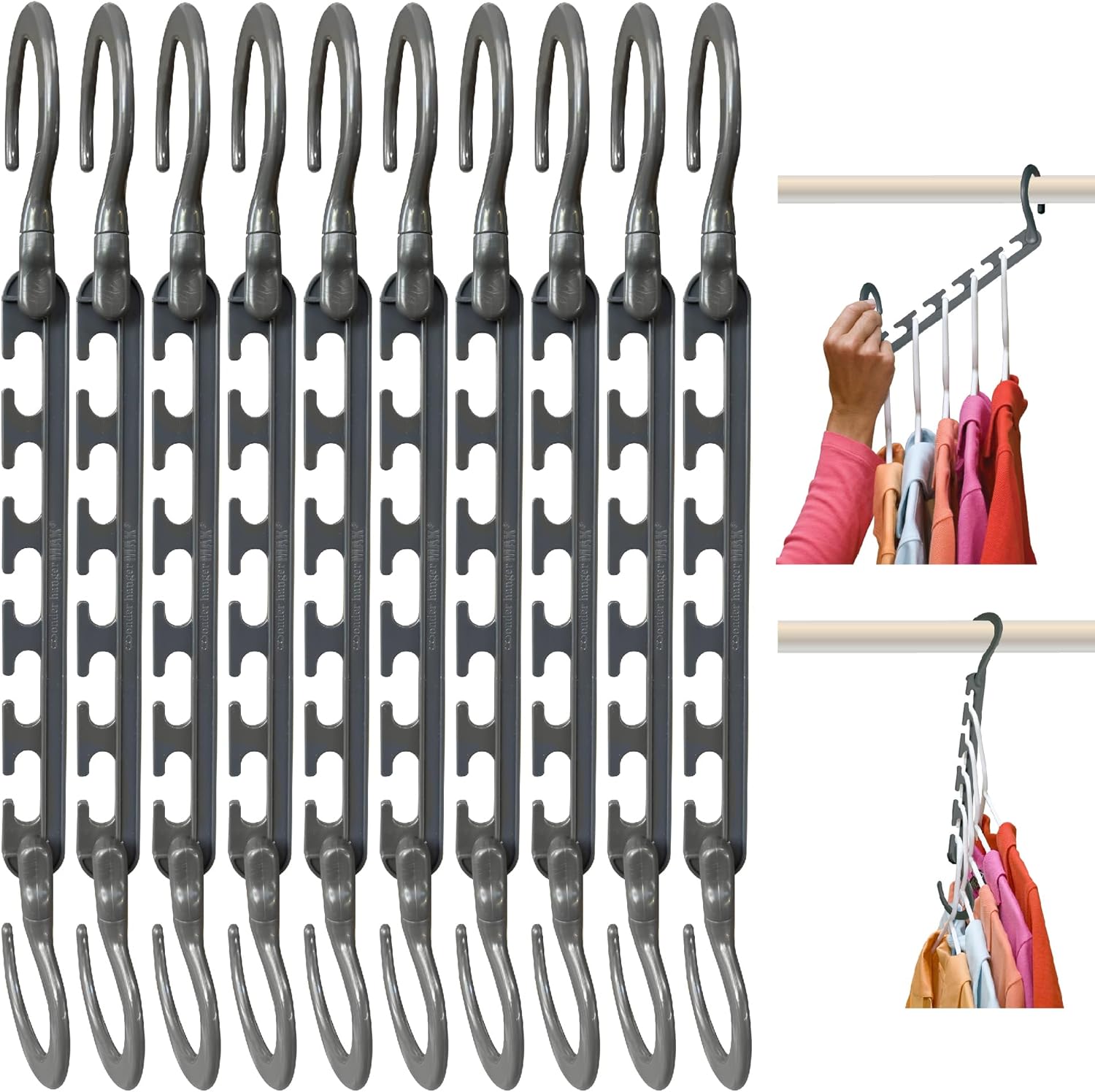 Max 10-Pack Space-Saving Cascading Hangers. 360° Swivel Hooks. Grey | Maximize closet space with 10 assembled cascading hangers and reinforced 360° swivel hooks—ideal for dorms and storage.